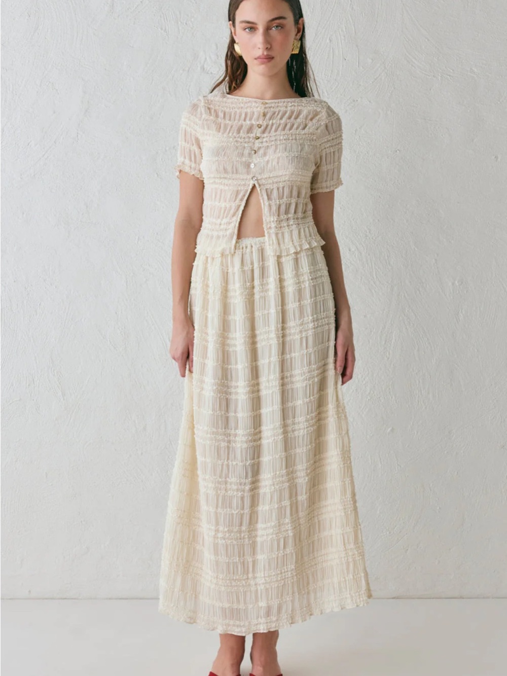 Cream Textured Short-Sleeve Shirt and Skirt Set with Front Keyhole